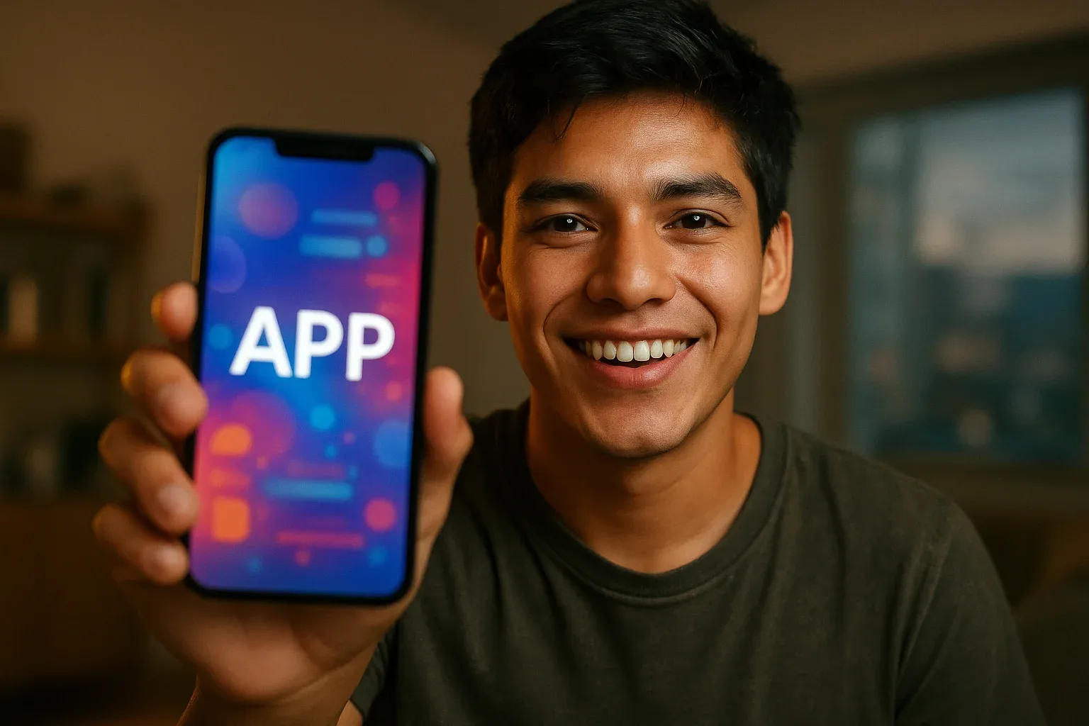 Joven boliviano sonriente mostrando smartphone con app colorida a cámara