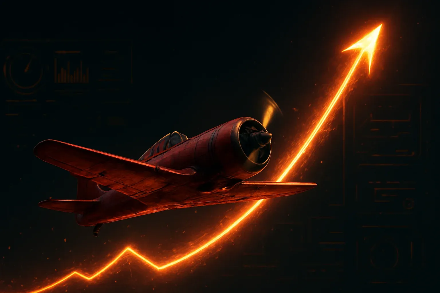 Avión aviador rojo subiendo con curva luminosa en cielo nocturno
