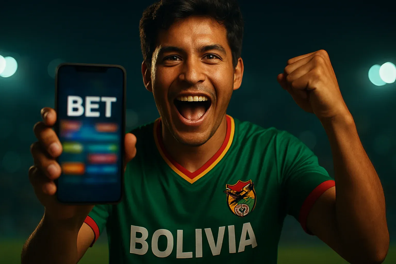 Joven boliviano celebrando con celular mostrando apuesta deportiva BET
