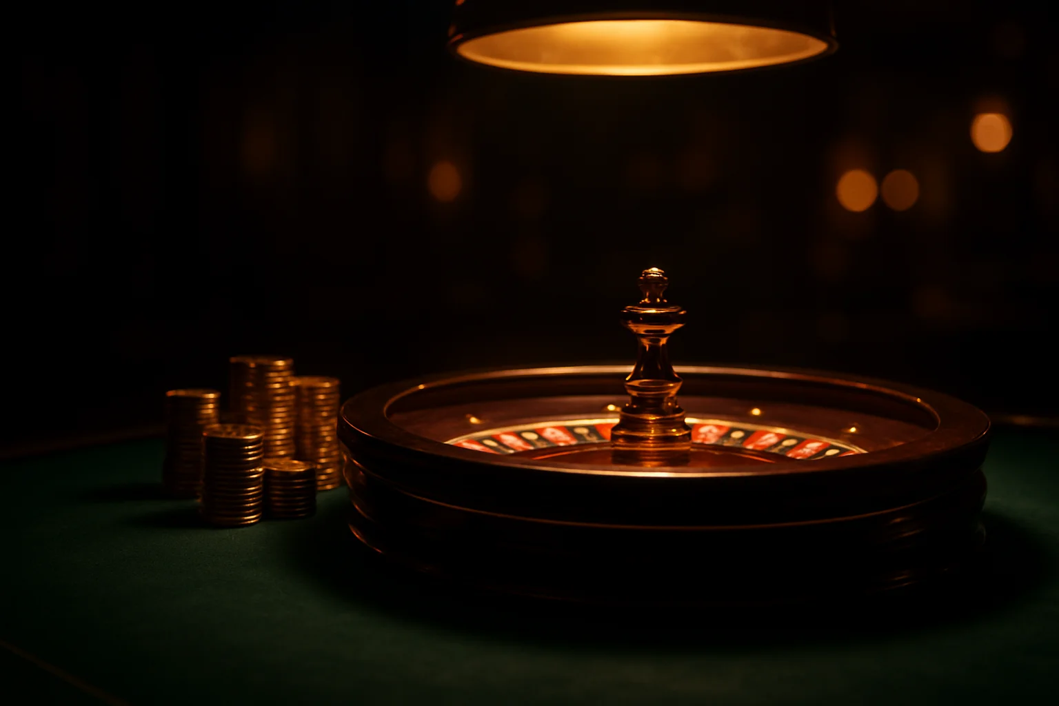 Mesa de casino en vivo elegante con ruleta brillante y fichas doradas