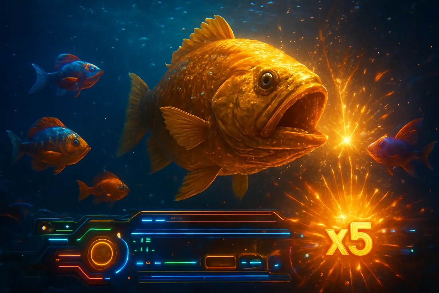 Peces tropicales brillantes y pez jefe dorado en juego submarino