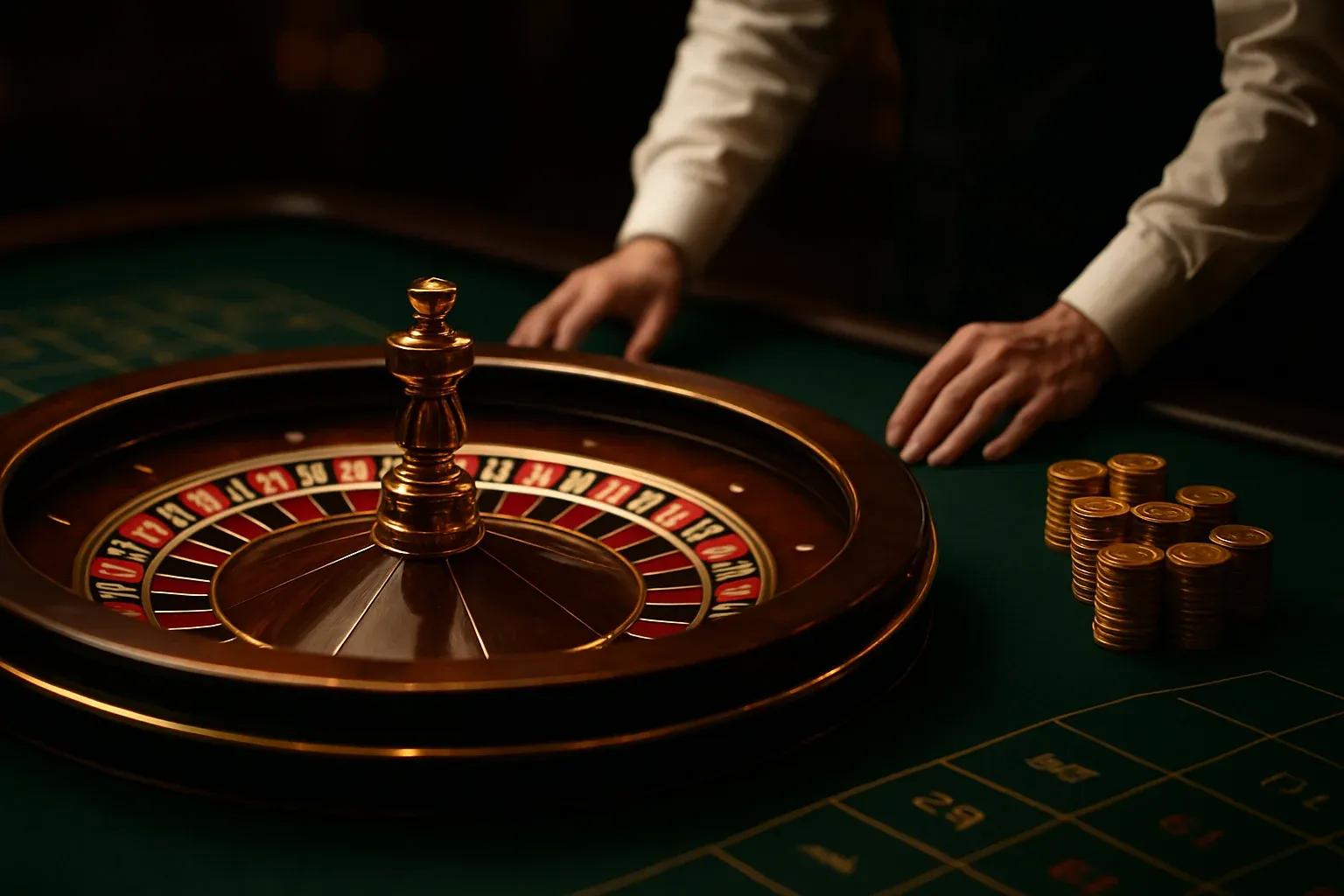 Mesa de casino en vivo elegante con ruleta brillante y fichas doradas