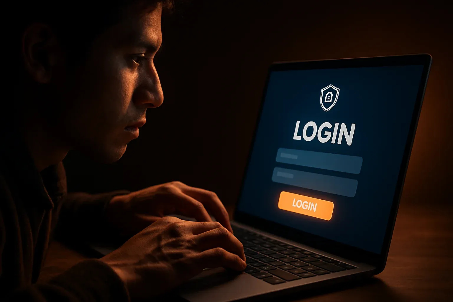 Manos de joven boliviano en laptop con pantalla de login