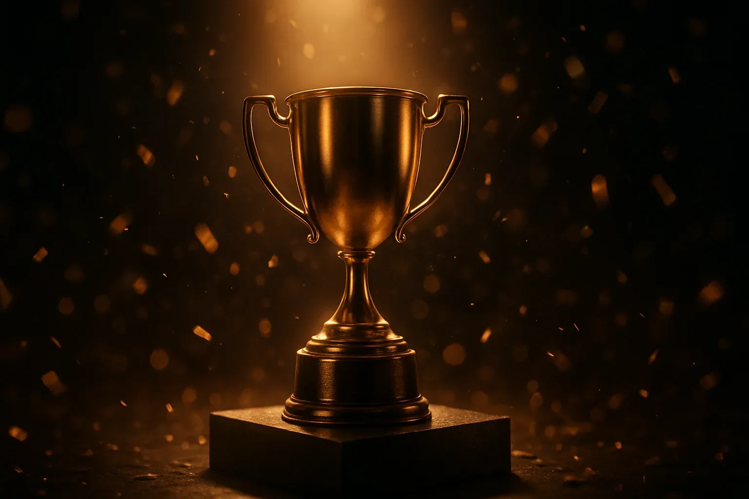 Trofeo dorado brillante sobre pedestal con confeti en ambiente lujoso oscuro