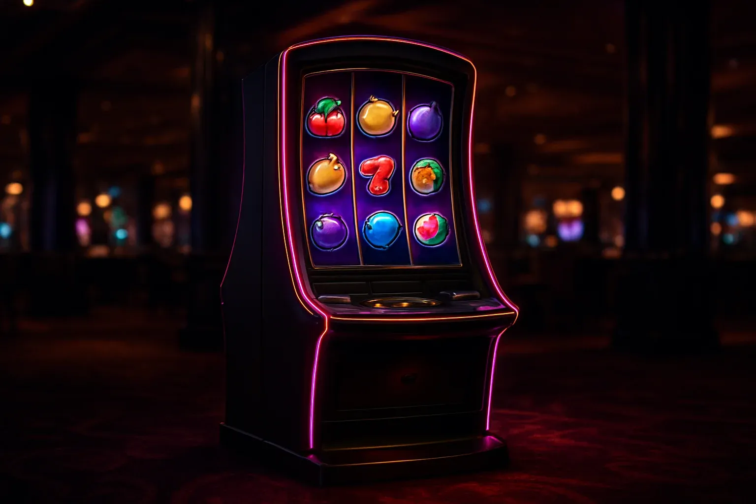 Máquina tragamonedas premium completa en casino oscuro con tres carretes verticales